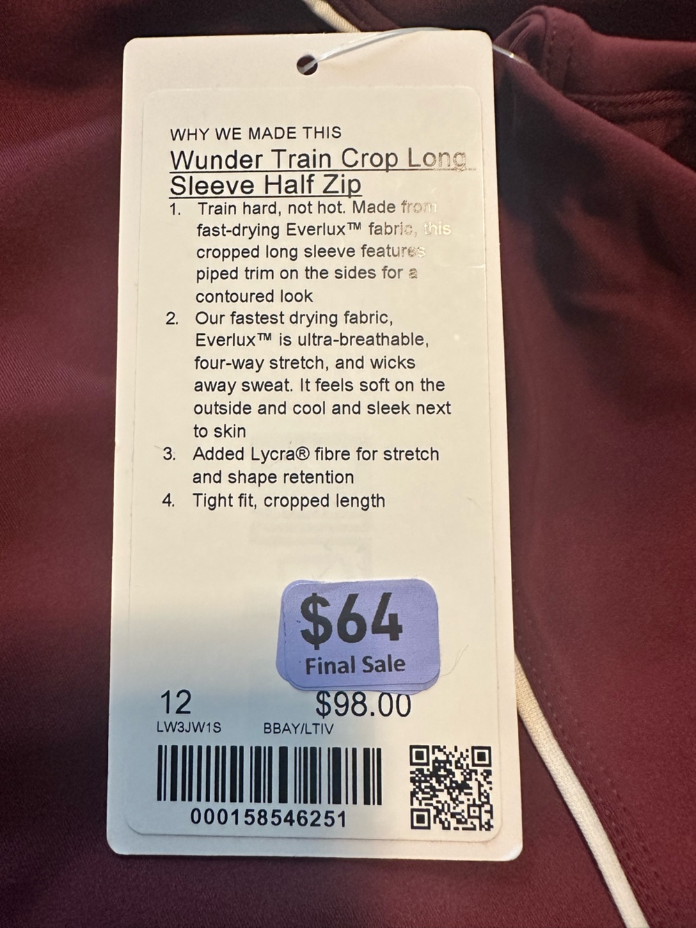 lululemon🍋 Wunder Train 1/2 Zip Cropped Long Sleeve Size 12 NWT Burgandy Bay - Picture 9 of 10